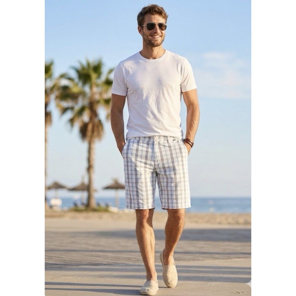 Hurley Men's Plaid Chino Shorts White Blue Cotton Blend Slash Pockets